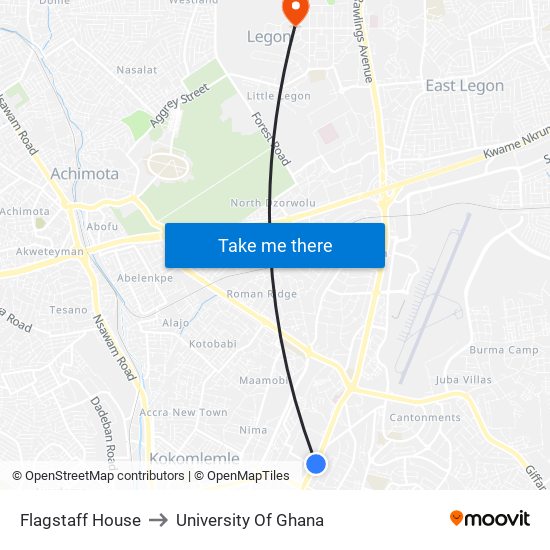 Flagstaff House to University Of Ghana map