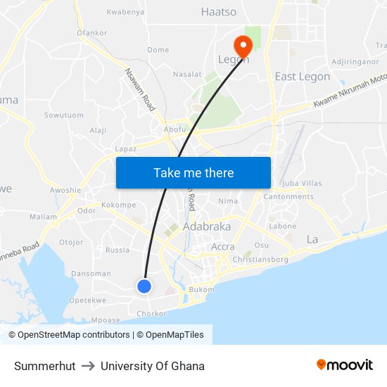 Summerhut to University Of Ghana map