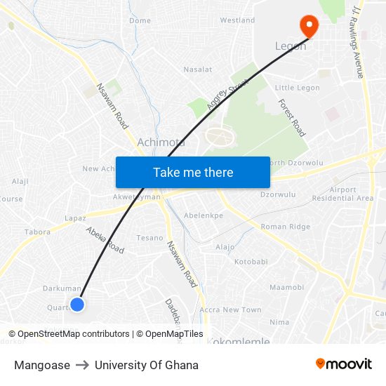 Mangoase to University Of Ghana map