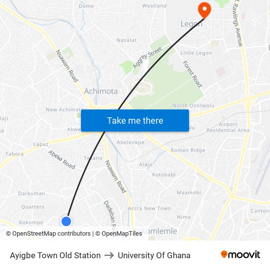 Ayigbe Town Old Station to University Of Ghana map
