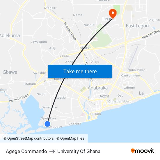 Agege Commando to University Of Ghana map