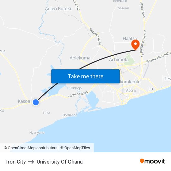 Iron City to University Of Ghana map