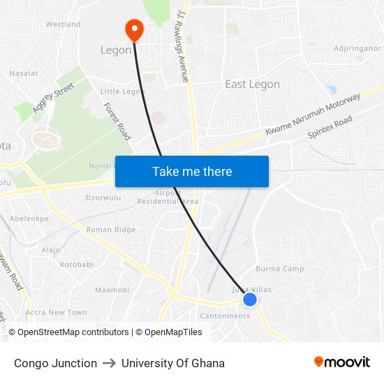 Congo Junction to University Of Ghana map