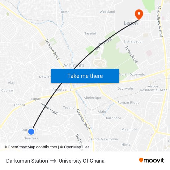 Darkuman Station to University Of Ghana map