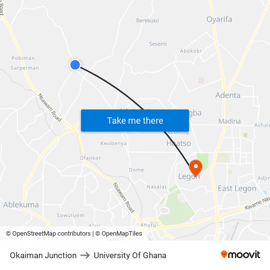 Okaiman Junction to University Of Ghana map
