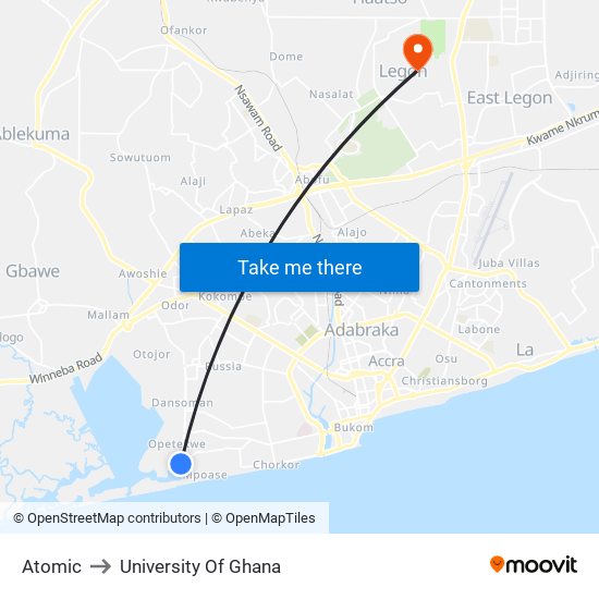 Atomic to University Of Ghana map