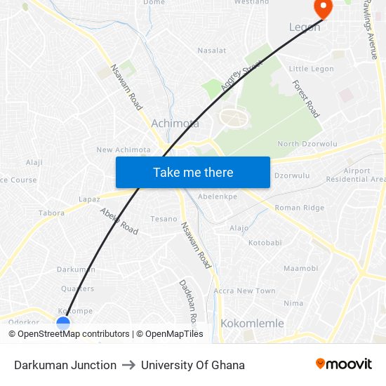 Darkuman Junction to University Of Ghana map
