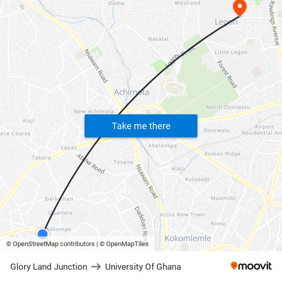 Glory Land Junction to University Of Ghana map