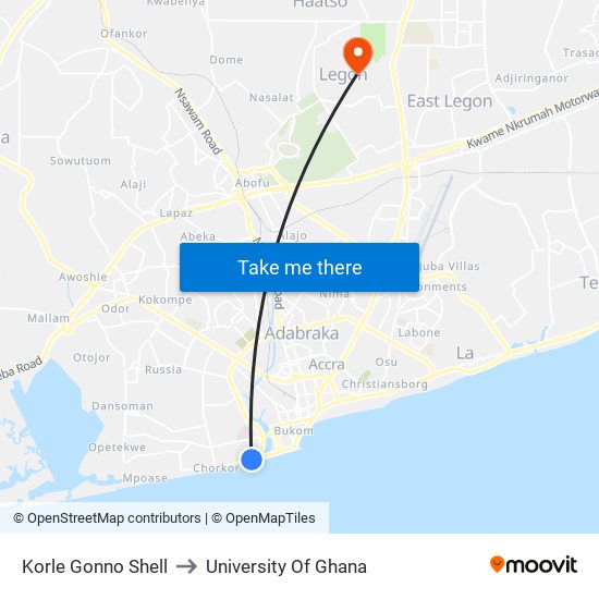 Korle Gonno Shell to University Of Ghana map