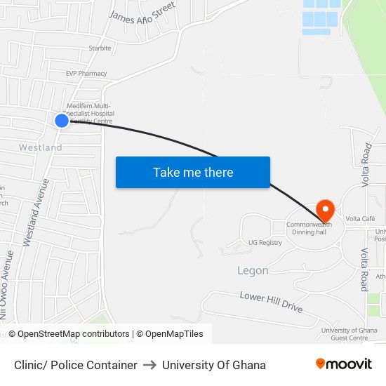 Clinic/ Police Container to University Of Ghana map