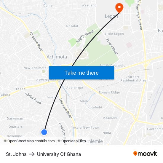 St. Johns to University Of Ghana map