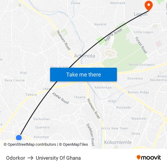 Odorkor to University Of Ghana map