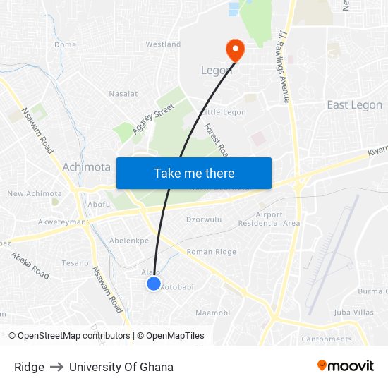Ridge to University Of Ghana map