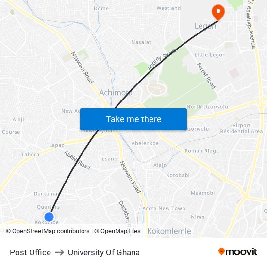 Post Office to University Of Ghana map