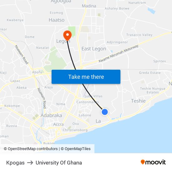 Kpogas to University Of Ghana map