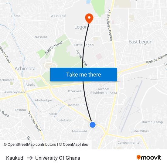 Kaukudi to University Of Ghana map