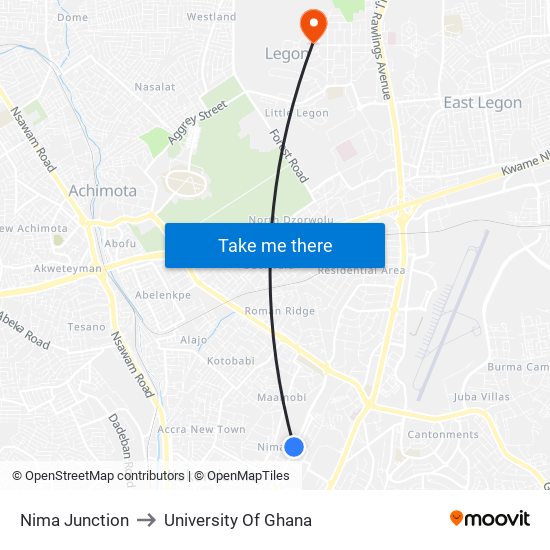 Nima Junction to University Of Ghana map