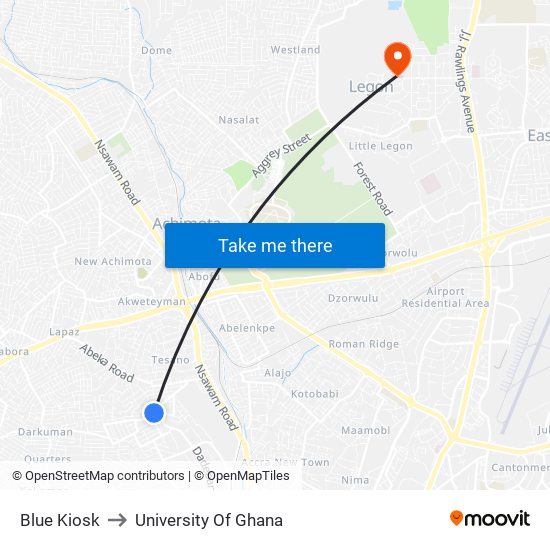 Blue Kiosk to University Of Ghana map
