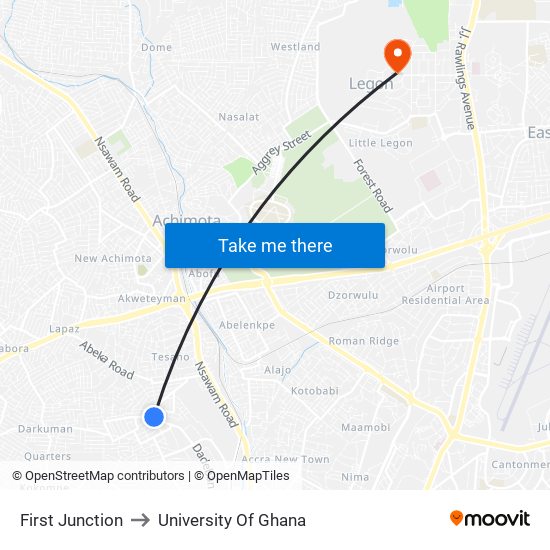 First Junction to University Of Ghana map