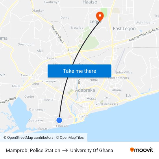 Mamprobi Police Station to University Of Ghana map