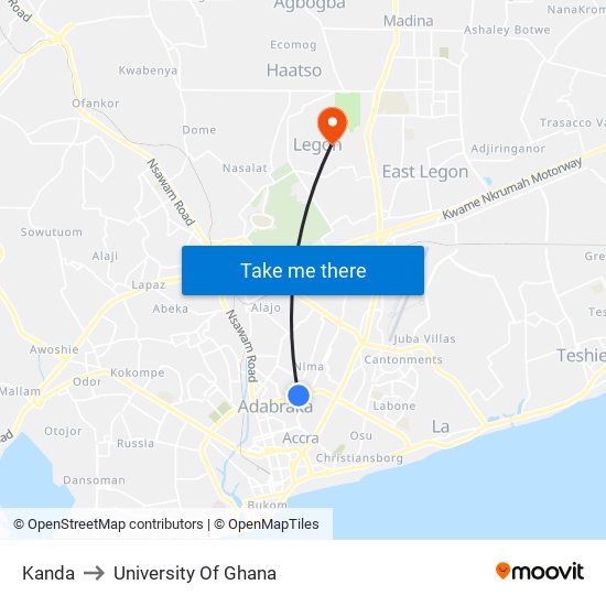 Kanda to University Of Ghana map