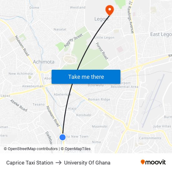 Caprice Taxi Station to University Of Ghana map