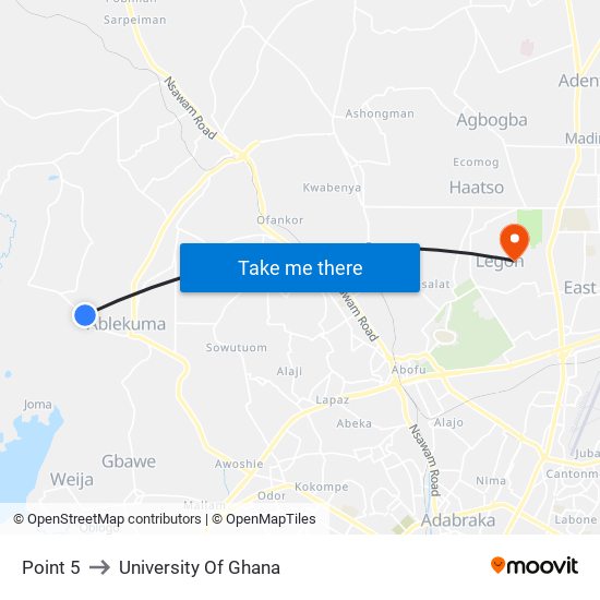 Point 5 to University Of Ghana map