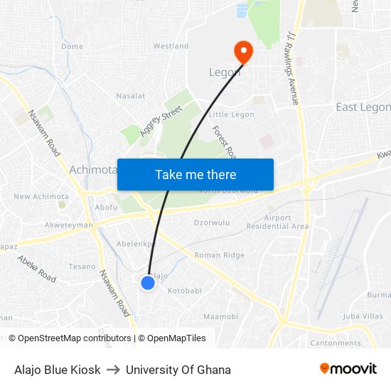 Alajo Blue Kiosk to University Of Ghana map