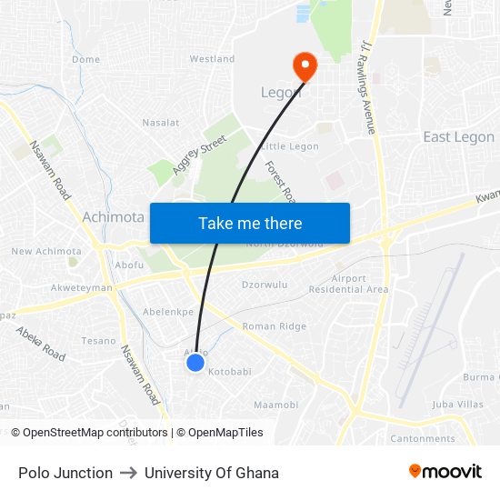 Polo Junction to University Of Ghana map