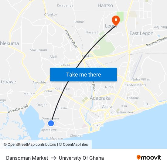 Dansoman Market to University Of Ghana map