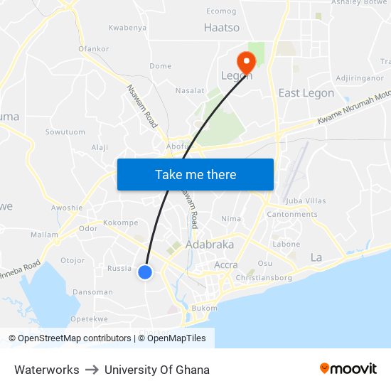 Waterworks to University Of Ghana map