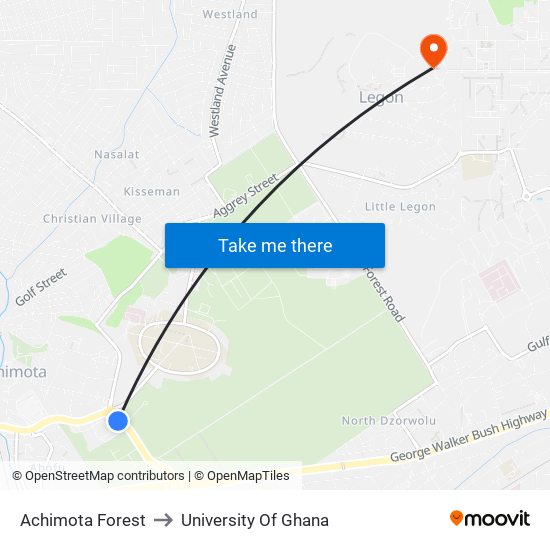 Achimota Forest to University Of Ghana map