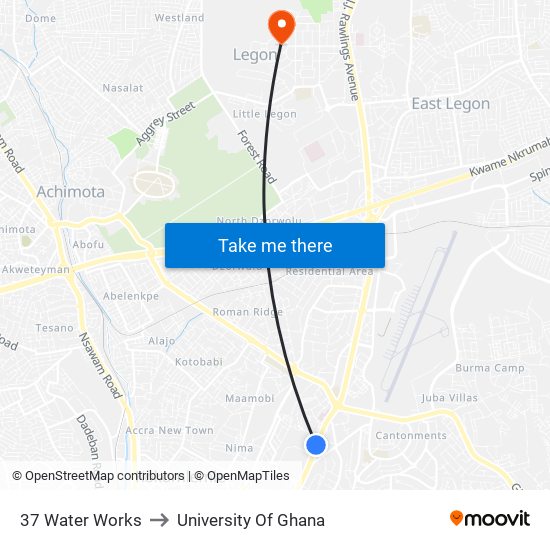 37 Water Works to University Of Ghana map