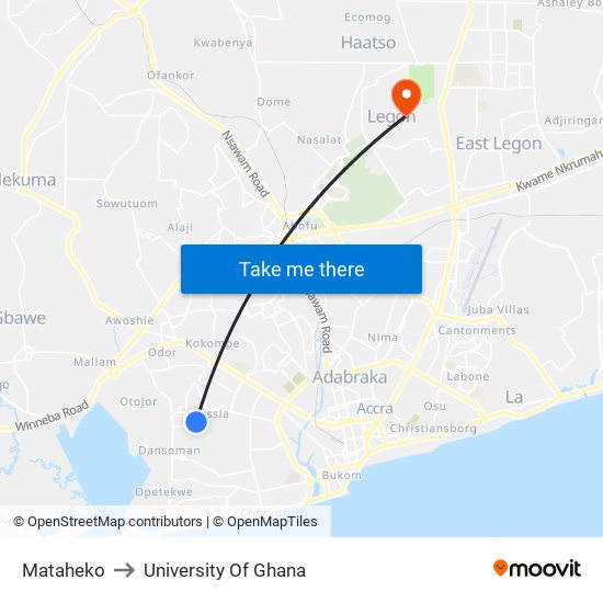 Mataheko to University Of Ghana map