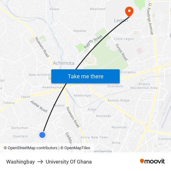 Washingbay to University Of Ghana map