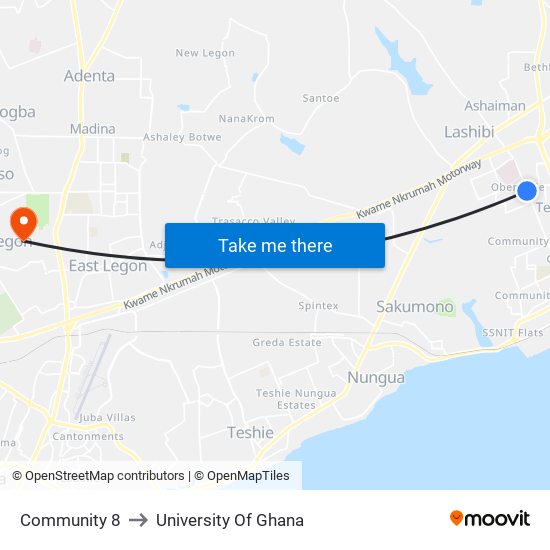 Community 8 to University Of Ghana map
