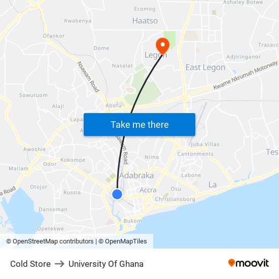 Cold Store to University Of Ghana map