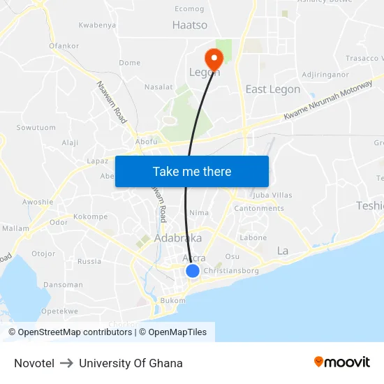 Novotel to University Of Ghana map