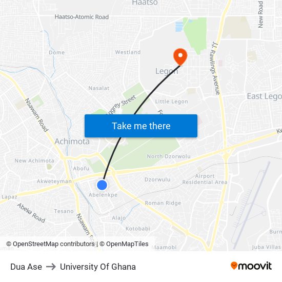 Dua Ase to University Of Ghana map