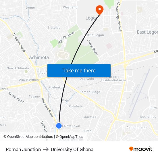 Roman Junction to University Of Ghana map