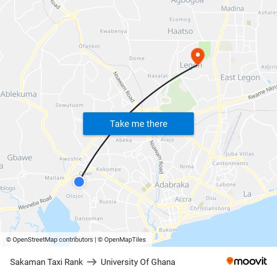 Sakaman Taxi Rank to University Of Ghana map