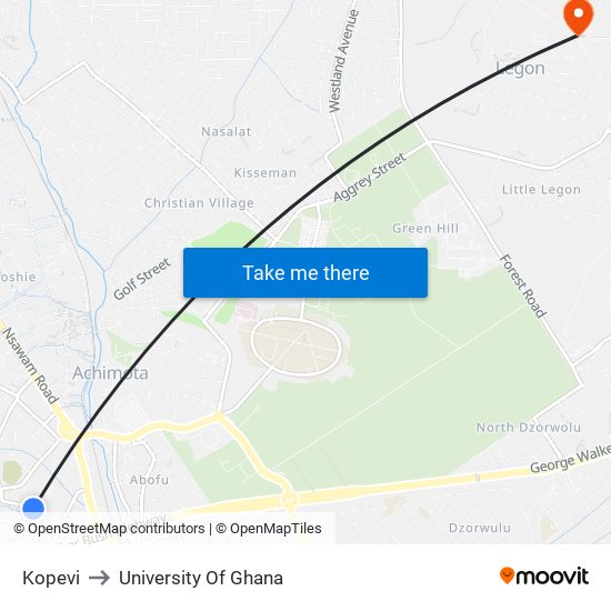 Kopevi to University Of Ghana map