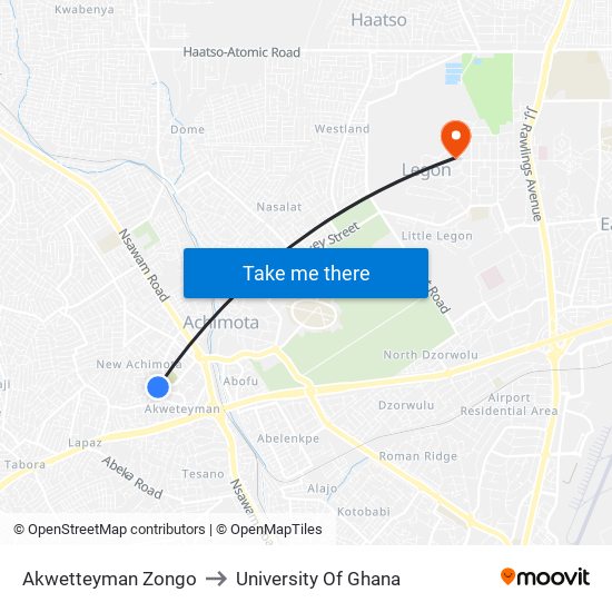 Akwetteyman Zongo to University Of Ghana map