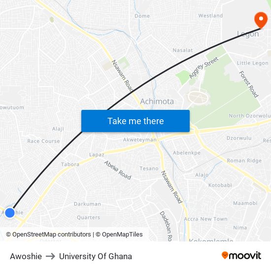 Awoshie to University Of Ghana map