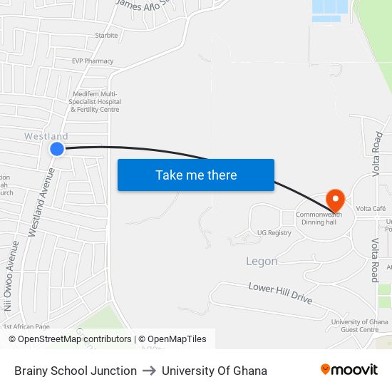 Brainy School Junction to University Of Ghana map