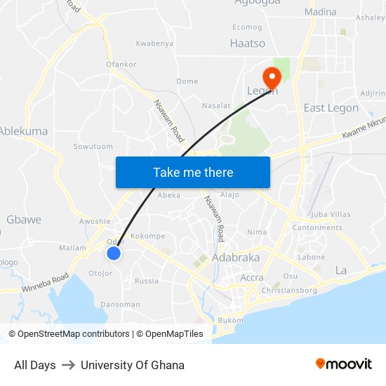 All Days to University Of Ghana map