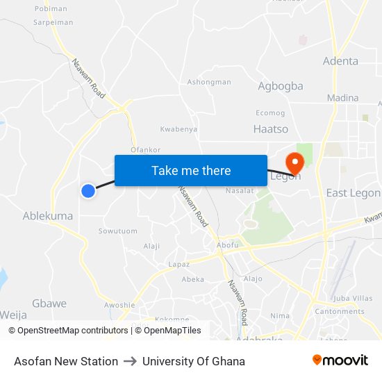 Asofan New Station to University Of Ghana map