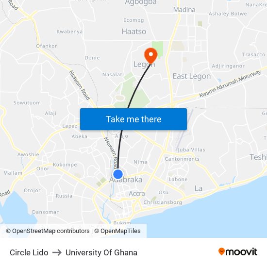 Circle Lido to University Of Ghana map