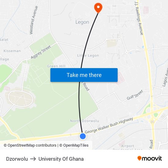 Dzorwolu to University Of Ghana map