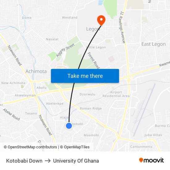 Kotobabi Down to University Of Ghana map